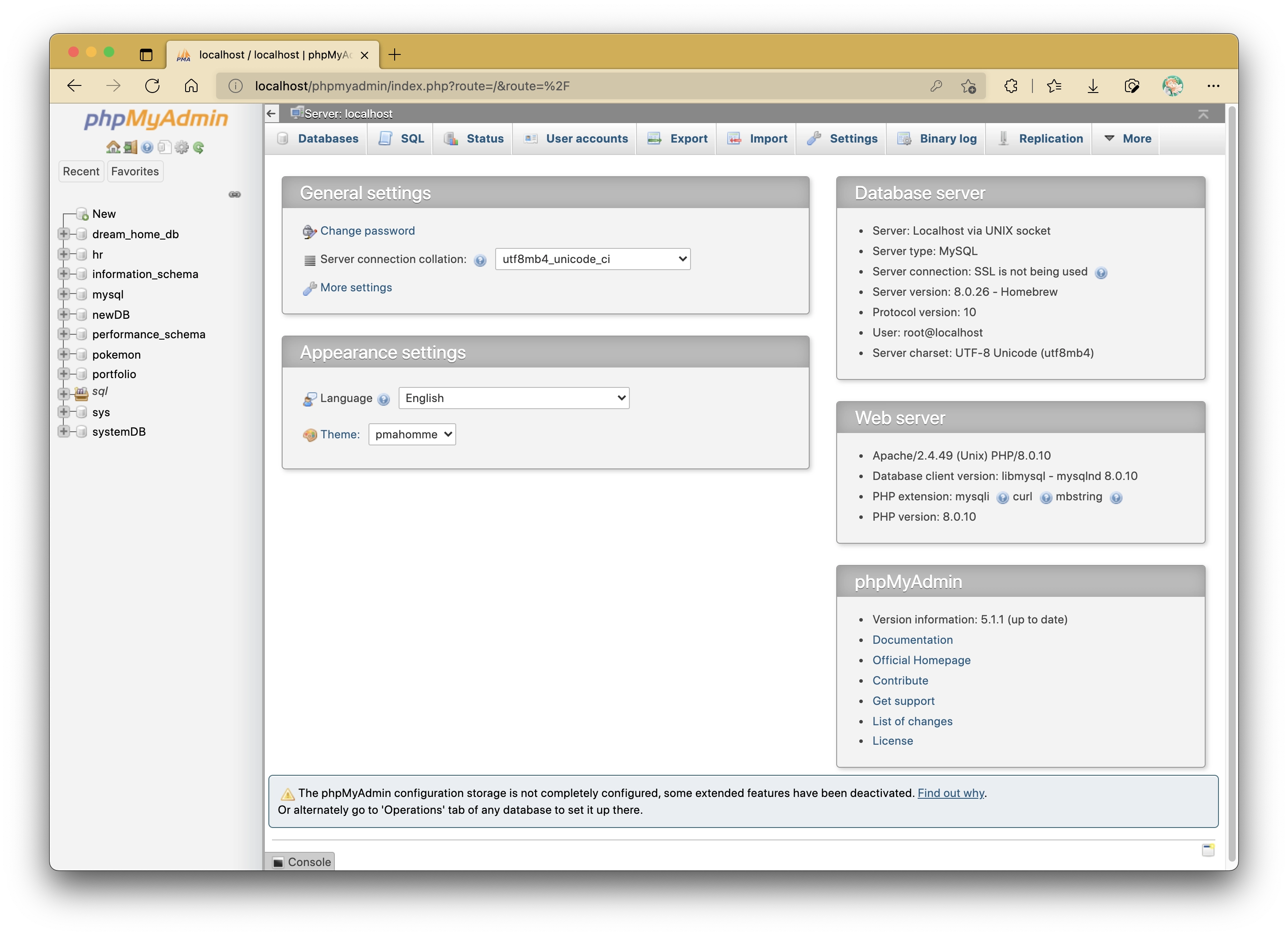 phpMyAdmin Dashboard