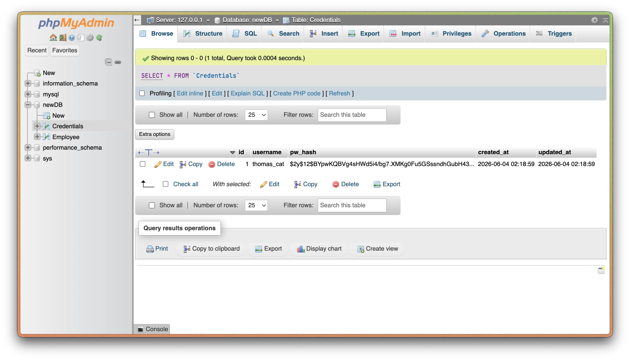 Credentials Table in phpMyAdmin