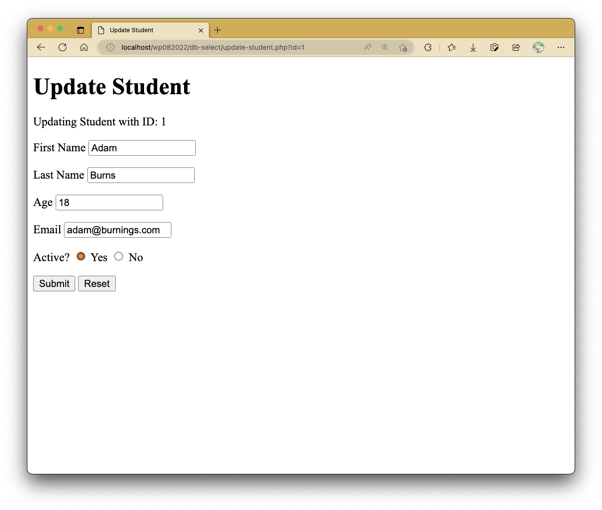 Update Student PHP Form
