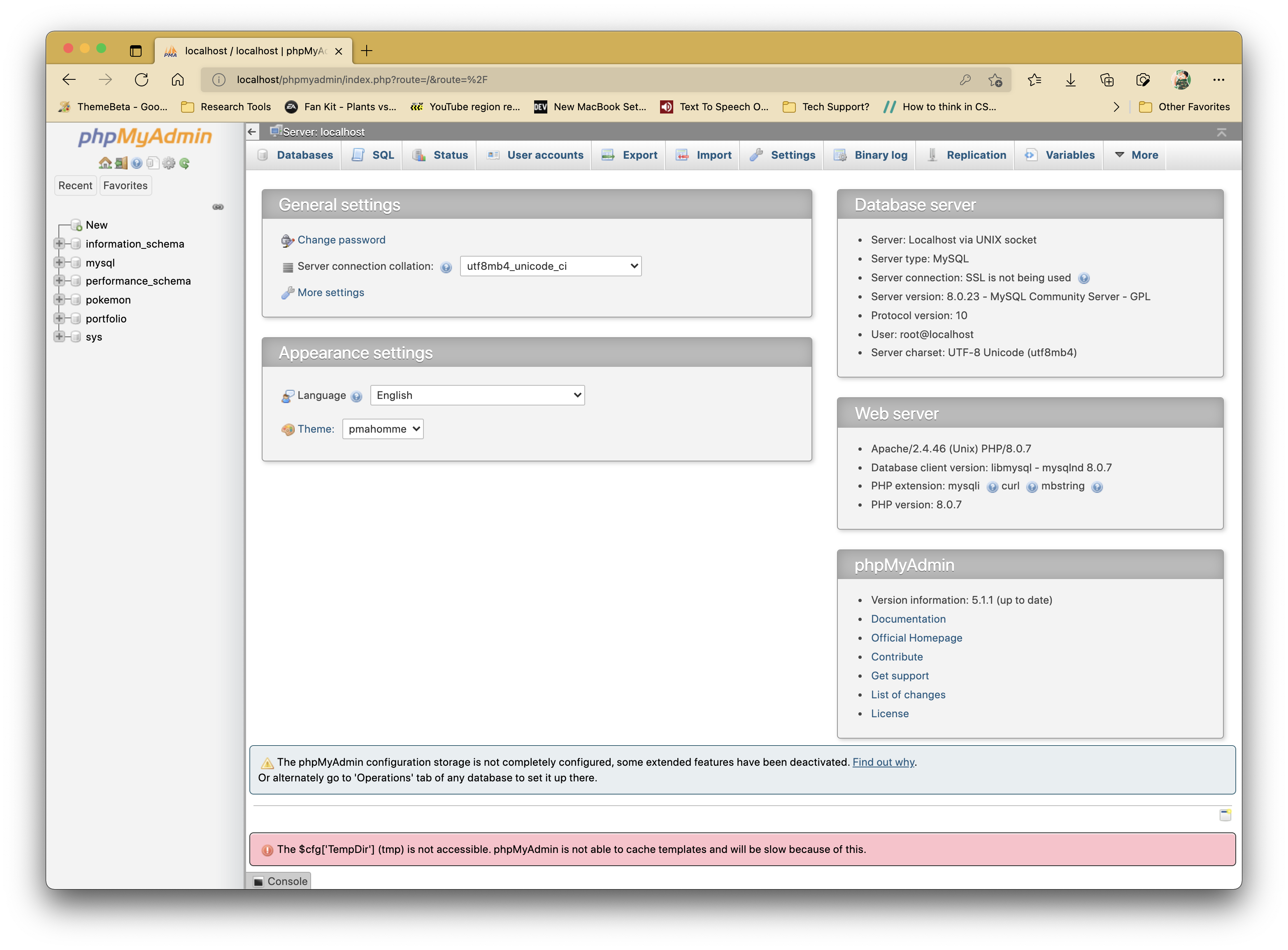 phpMyAdmin Dashboard